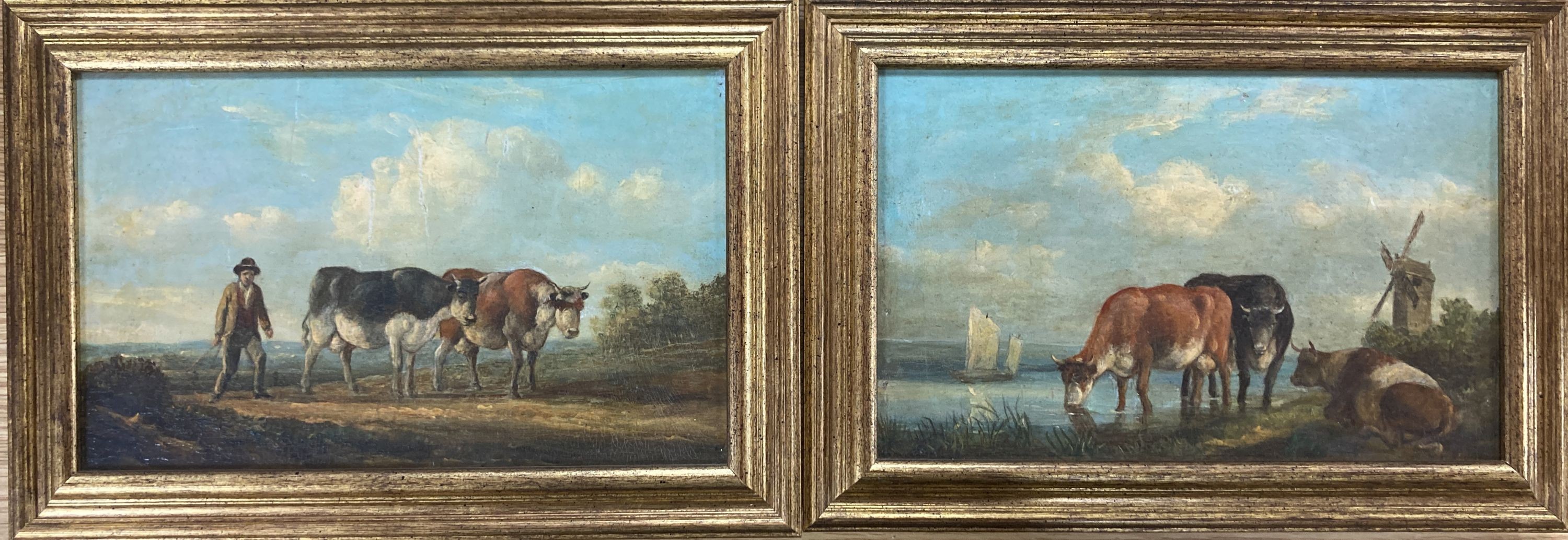 Dutch School (19th century), Cattle watering with a distant windmill, oil on board - and companion piece, a pair, 13.5 x 22.5cm